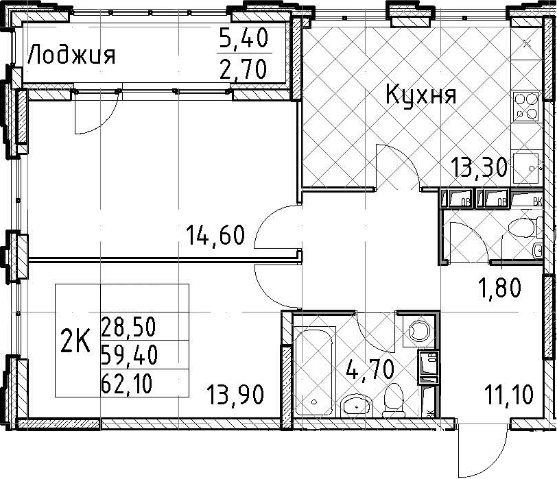 2-комнатная квартира 62.1 м², 11/13 эт., ЖК «Тайм Сквер»
